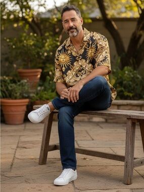 Baroque Gold Medusa Print Short Sleeve Button-Up Shirt. Satin feel Large